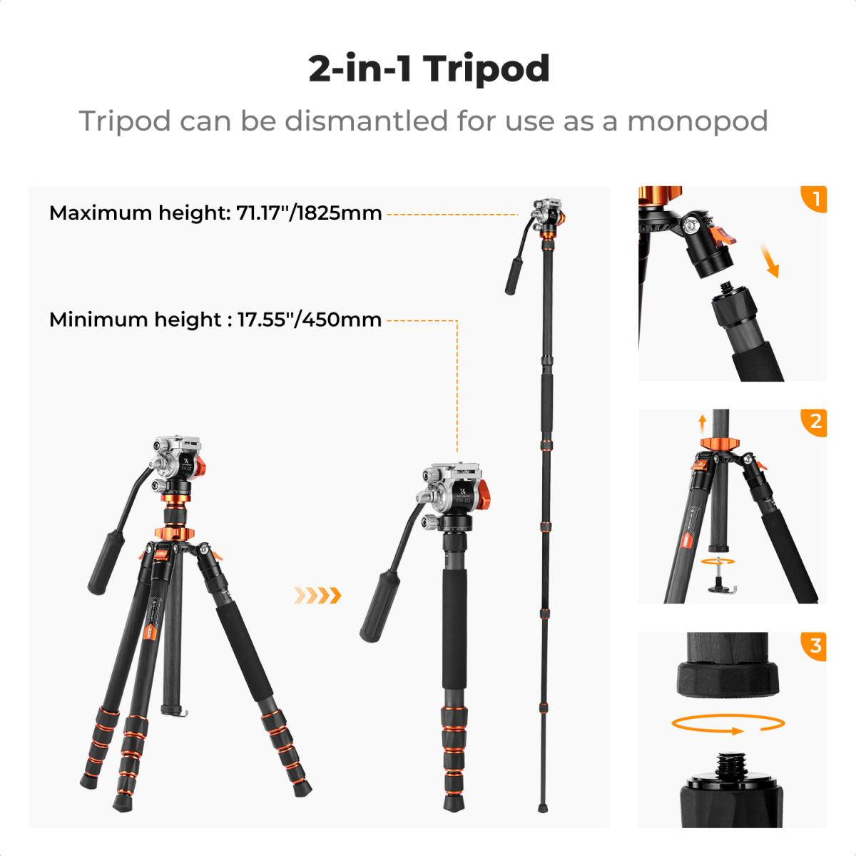 Trípode K&F Concept de fibra de carbono con cabeza fluida para video