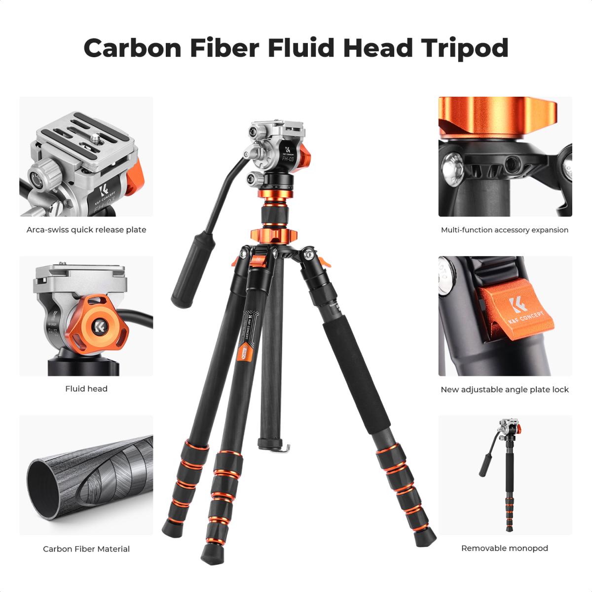 Trípode K&F Concept de fibra de carbono con cabeza fluida para video